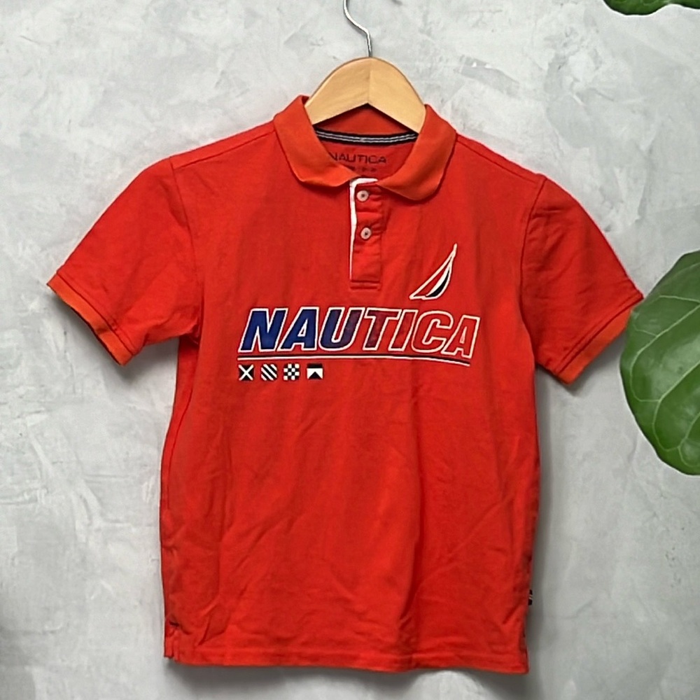 Nautica Orange Graphic Polo Boys Shirt Size M(10-12)